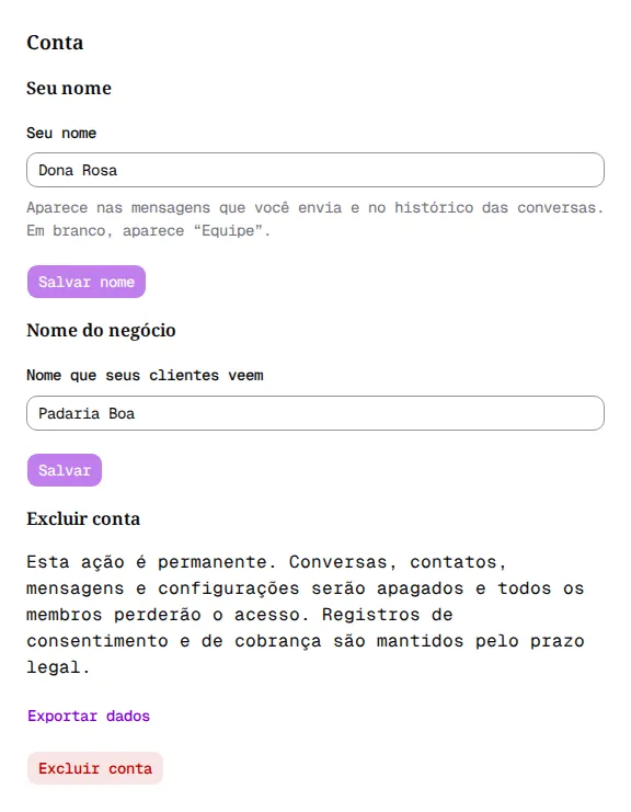 Página Conta do Proprietário com as seções Seu nome, Nome do negócio e Excluir conta.