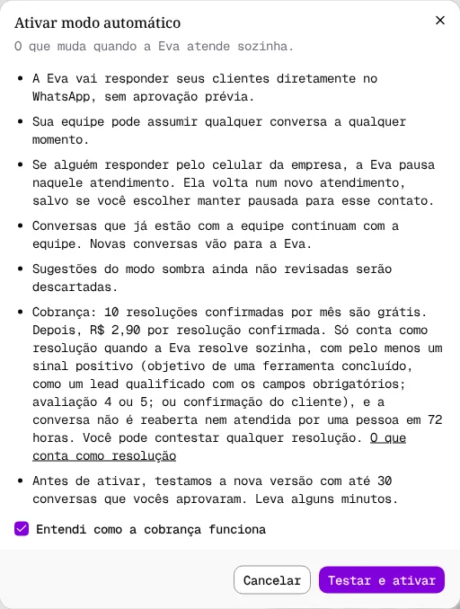 Janela Ativar modo automático com o que muda no atendimento, as regras de cobrança e a caixa Entendi como a cobrança funciona marcada.