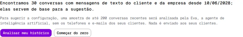 Página Eva com o número de conversas encontradas e os botões Analisar meu histórico e Começar do zero.