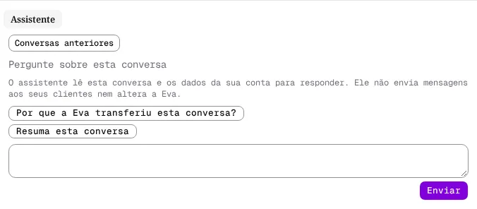 Painel Assistente aberto, com as sugestões Por que a Eva transferiu esta conversa? e Resuma esta conversa e o campo de pergunta.