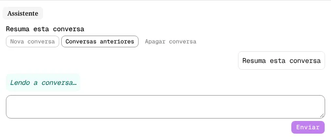 Painel Assistente com a pergunta Resuma esta conversa e a linha Lendo a conversa…