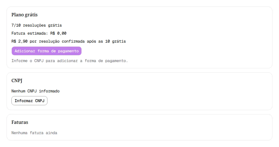 Página Cobrança no plano grátis, com o botão Adicionar forma de pagamento desativado e o aviso Nenhum CNPJ informado.