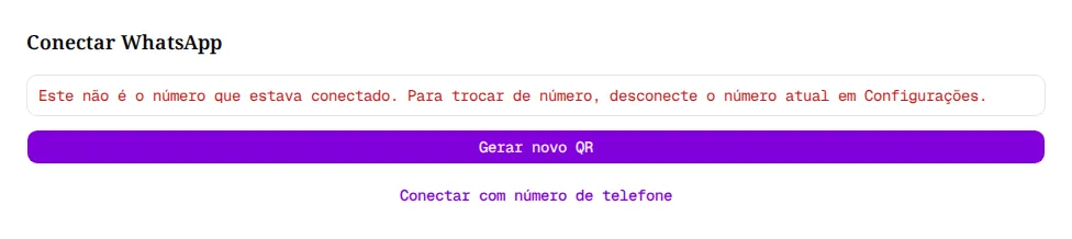 Página Conectar WhatsApp com a mensagem Este não é o número que estava conectado.