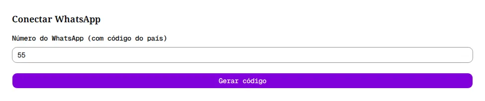Formulário Número do WhatsApp com código do país, preenchido com 55, e o botão Gerar código.
