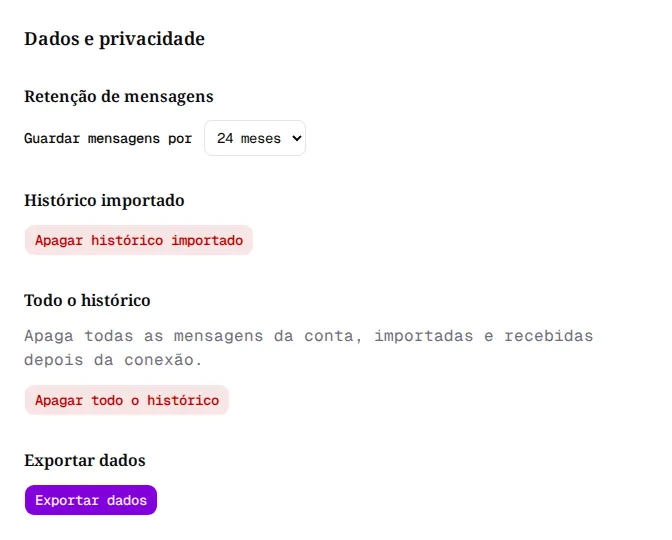 Página Dados e privacidade com Retenção de mensagens, Histórico importado, Todo o histórico e Exportar dados.