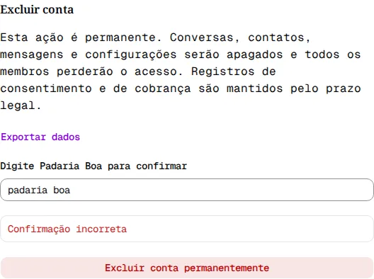 Seção Excluir conta com a mensagem Confirmação incorreta.