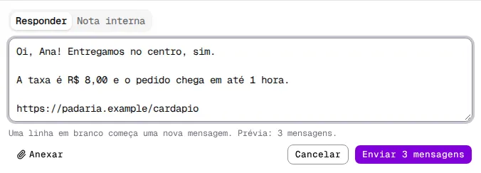 Caixa de resposta com as três mensagens da sugestão, a prévia de 3 mensagens e os botões Cancelar e Enviar 3 mensagens.