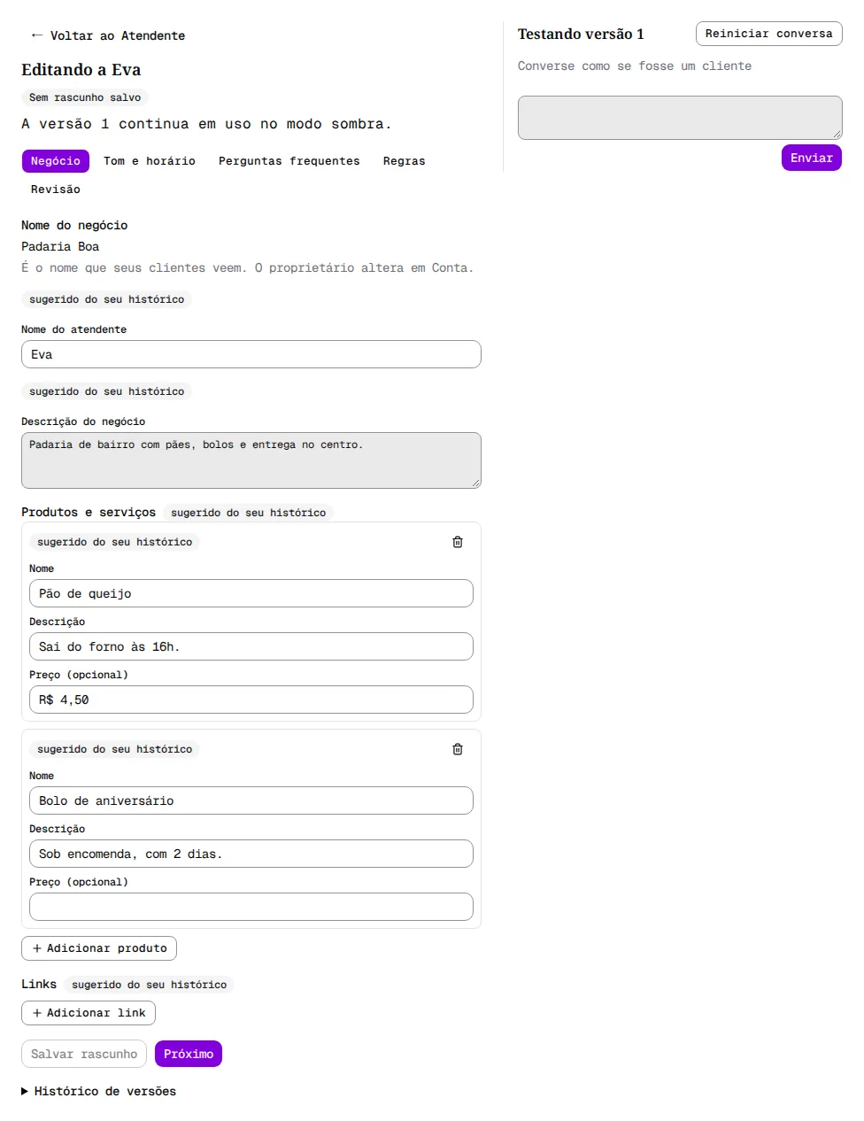 Formulário reaberto com o título Editando a Eva, o rótulo Sem rascunho salvo e o playground ao lado.