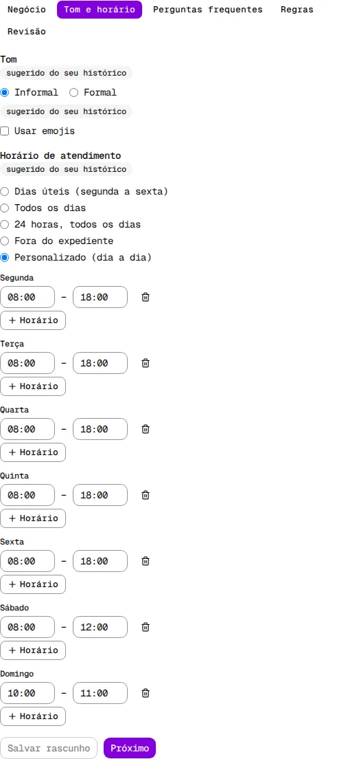 Formulário na etapa Tom e horário, com as opções de tom, o campo Usar emojis e os horários de cada dia.