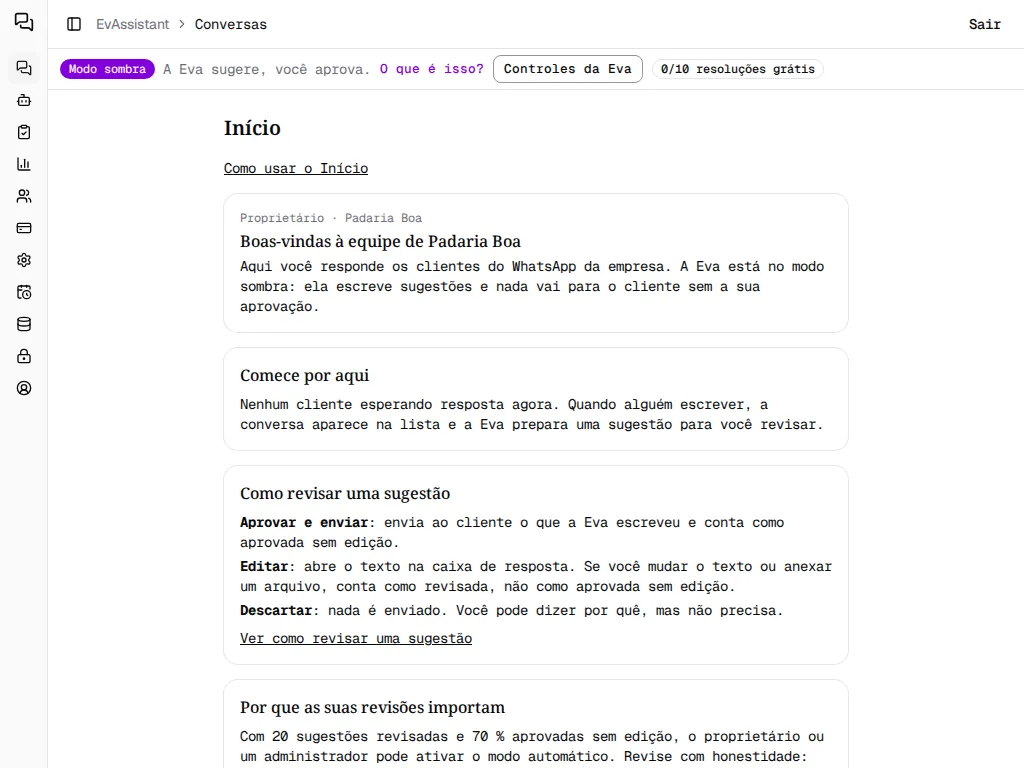 Conversas sem a lista de conversas: o Início ocupa toda a largura ao lado do menu.