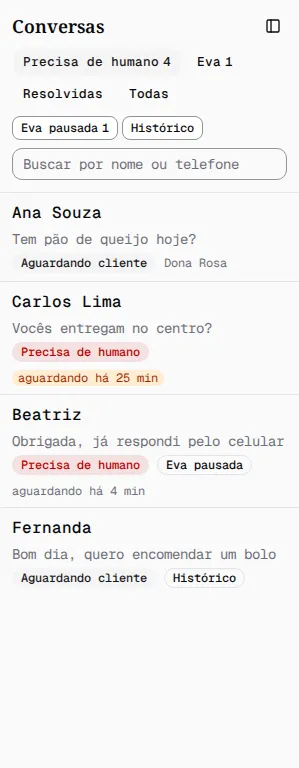 Lista de conversas com os filtros, os marcadores, a busca e quatro linhas com seus selos.