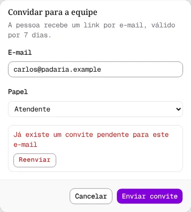 Janela Convidar para a equipe com a mensagem Já existe um convite pendente e o botão Reenviar.