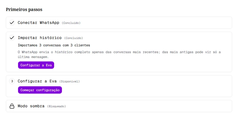 Lista Primeiros passos com a importação concluída e o botão Começar configuração na etapa Configurar a Eva.