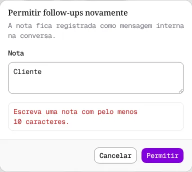 Janela com a mensagem Escreva uma nota com pelo menos 10 caracteres.