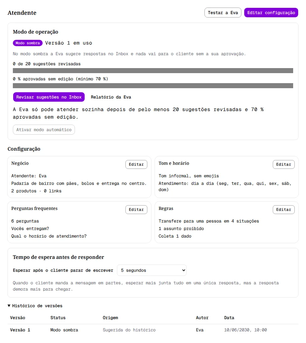Tela do atendente com Modo de operação, quatro cartões de Configuração, Tempo de espera antes de responder e Histórico de versões.