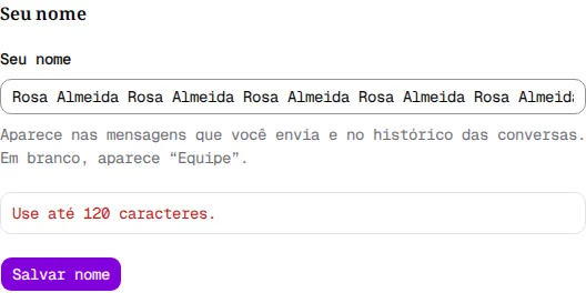 Seção Seu nome com um nome longo e a mensagem Use até 120 caracteres.