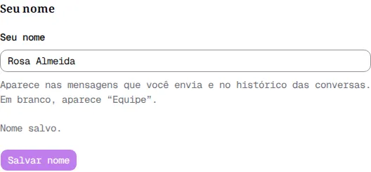 Seção Seu nome com o nome Rosa Almeida e a mensagem Nome salvo.
