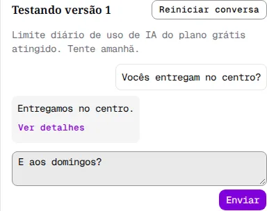 Playground com o aviso de limite diário e a mensagem mantida no campo.
