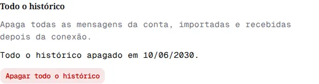 Seção Todo o histórico com Todo o histórico apagado em 10/06/2030 e o botão Apagar todo o histórico.
