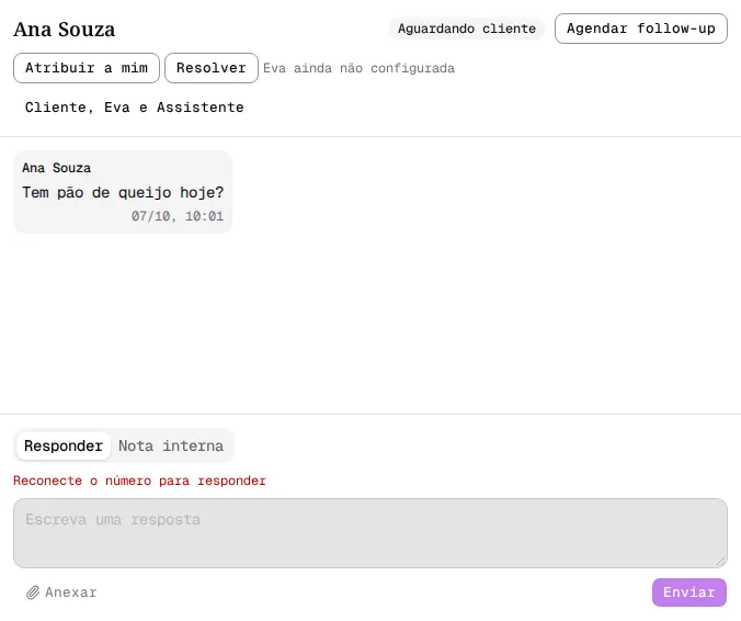Conversa com a caixa de resposta desativada e o texto Reconecte o número para responder.