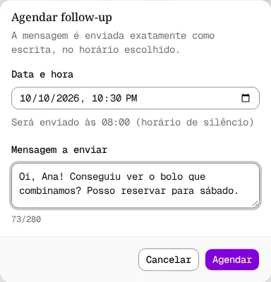 Diálogo com o aviso Será enviado às 08 (horário de silêncio).