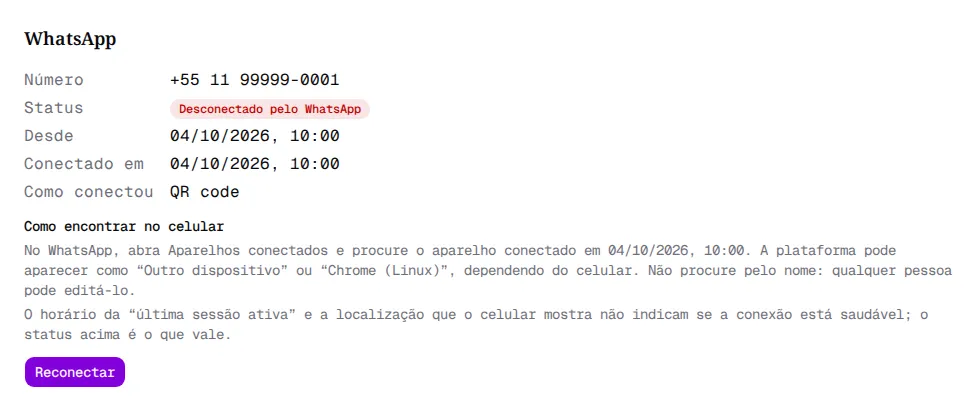 Página WhatsApp de um Administrador com o status Desconectado pelo WhatsApp e o botão Reconectar, sem o botão Desconectar número.