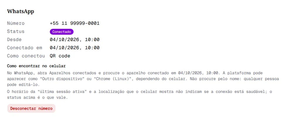 Página WhatsApp com Número, Status Conectado, Desde, Conectado em, Como conectou e o botão Desconectar número.