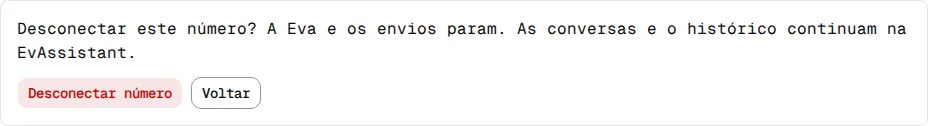 Caixa Desconectar este número? com os botões Desconectar número e Voltar.