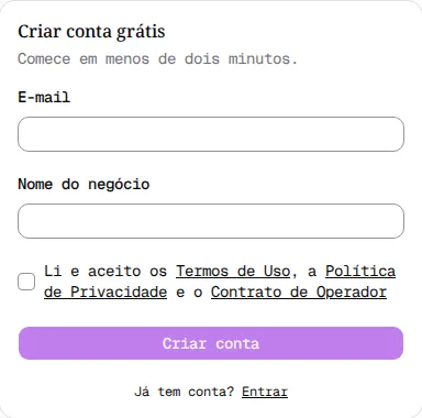 Página Criar conta grátis com os campos E-mail e Nome do negócio, a caixa de aceite e o botão Criar conta.