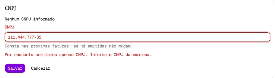 Cartão CNPJ com um CPF digitado e a mensagem Por enquanto aceitamos apenas CNPJ.