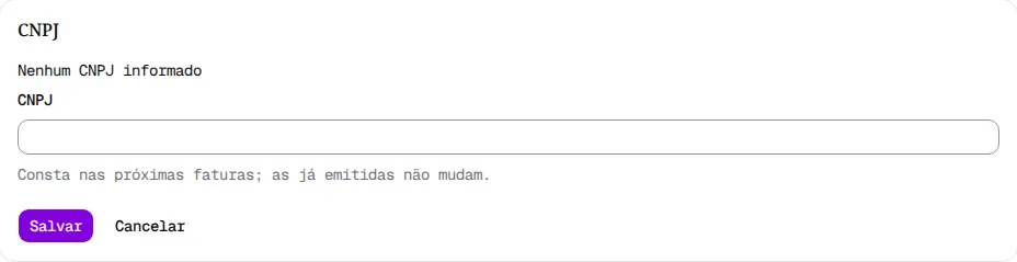 Cartão CNPJ com o campo CNPJ vazio e os botões Salvar e Cancelar.