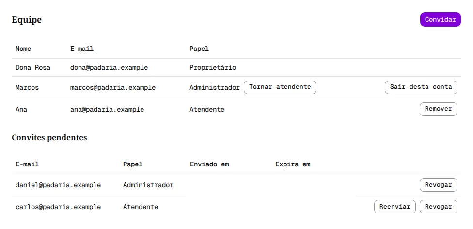 Página Equipe de um Administrador com os botões Tornar atendente e Sair desta conta na própria linha.