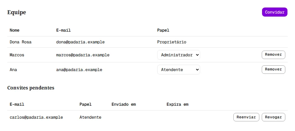 Página Equipe do Proprietário com o menu de papel em cada linha de membro.